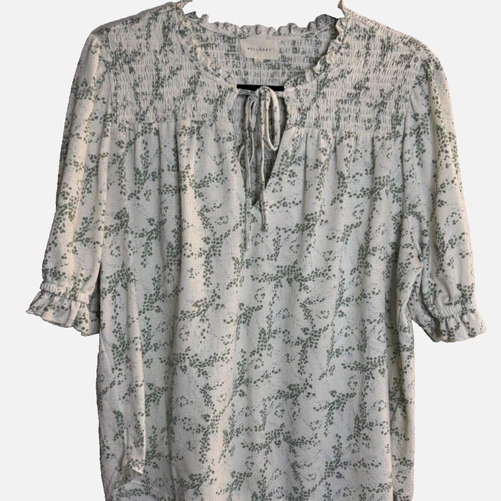 Melloday NORDSTROM White Green Floral Leaf Feminine Smocked Ruffle Top Sz Large